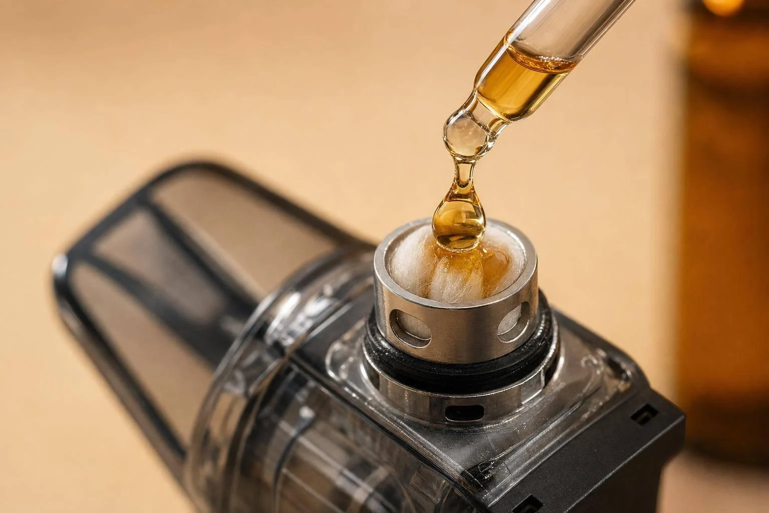 A vape device emitting vapor continuously without being drawn, possibly sitting on a non-flammable surface, indicating auto-firing or lingering fire.